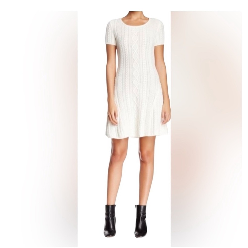 CECE Cream White Cable Knit Short Sleeve Scoop Neck Flare Sweater Dress Medium